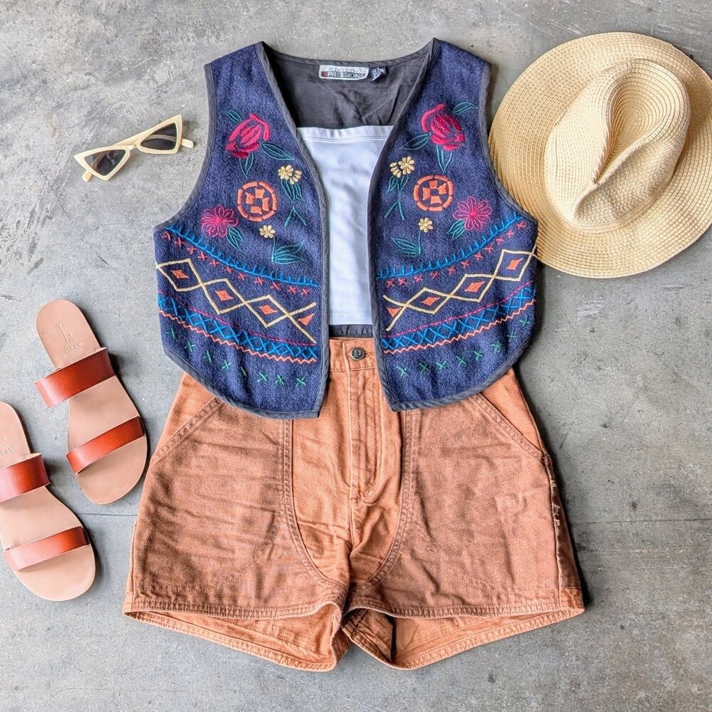 Vintage Boho Western Navy Floral Embroidered Wool Vest coastal cowgirl